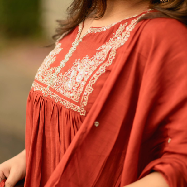 0012 Embroidered Readymade Long Salwar - Rust Orange
