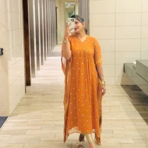 Photo shared by Thabu & Pathu on August 30, 2026 tagging @rose_jinish. May be a selfie of dress and text. Mustard Yellow Kaftans