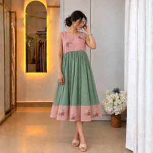 A Line Pastel Green and Peach Dress - Front View A Line Pastel Green and Peach Dress