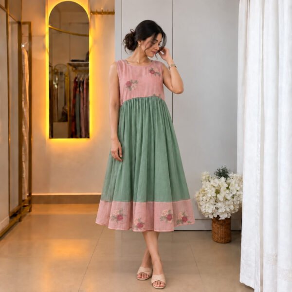 A Line Pastel Green and Peach Dress - Front View A Line Pastel Green and Peach Dress