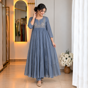 Readymade Salwar - Powder Blue - View 1 Embroidered Readymade Long Salwar - Powder Blue