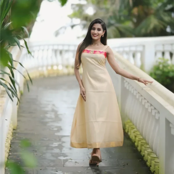 semi_tissue_aline_dress_golden_kasavu Semi Tissue A-Line Dress - Golden Kasavu